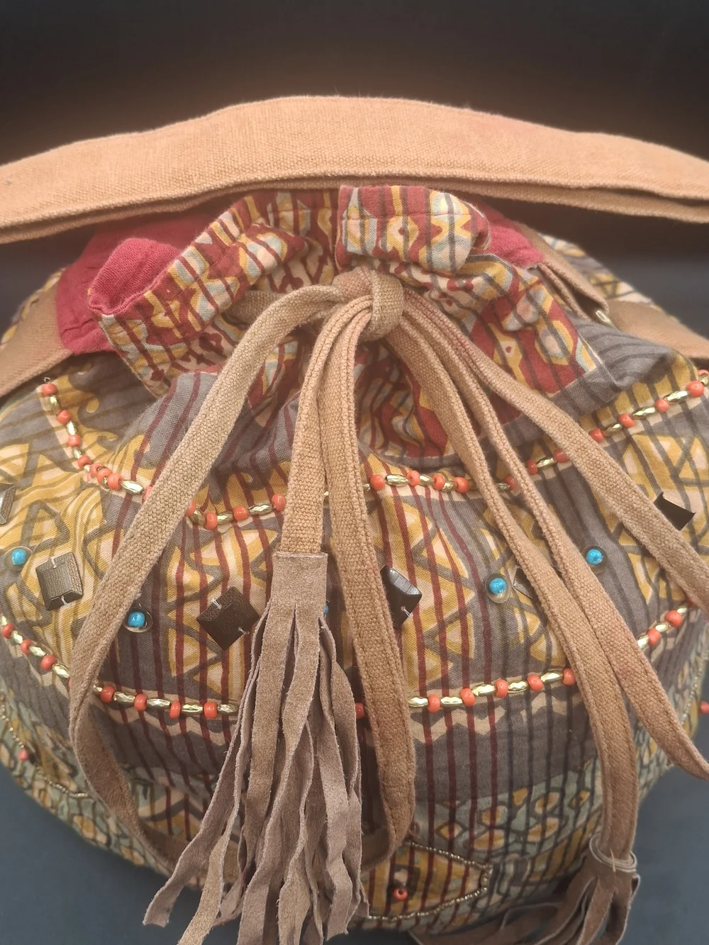 Boho Tassel Drawstring Bucket Bag - Brown Multi
